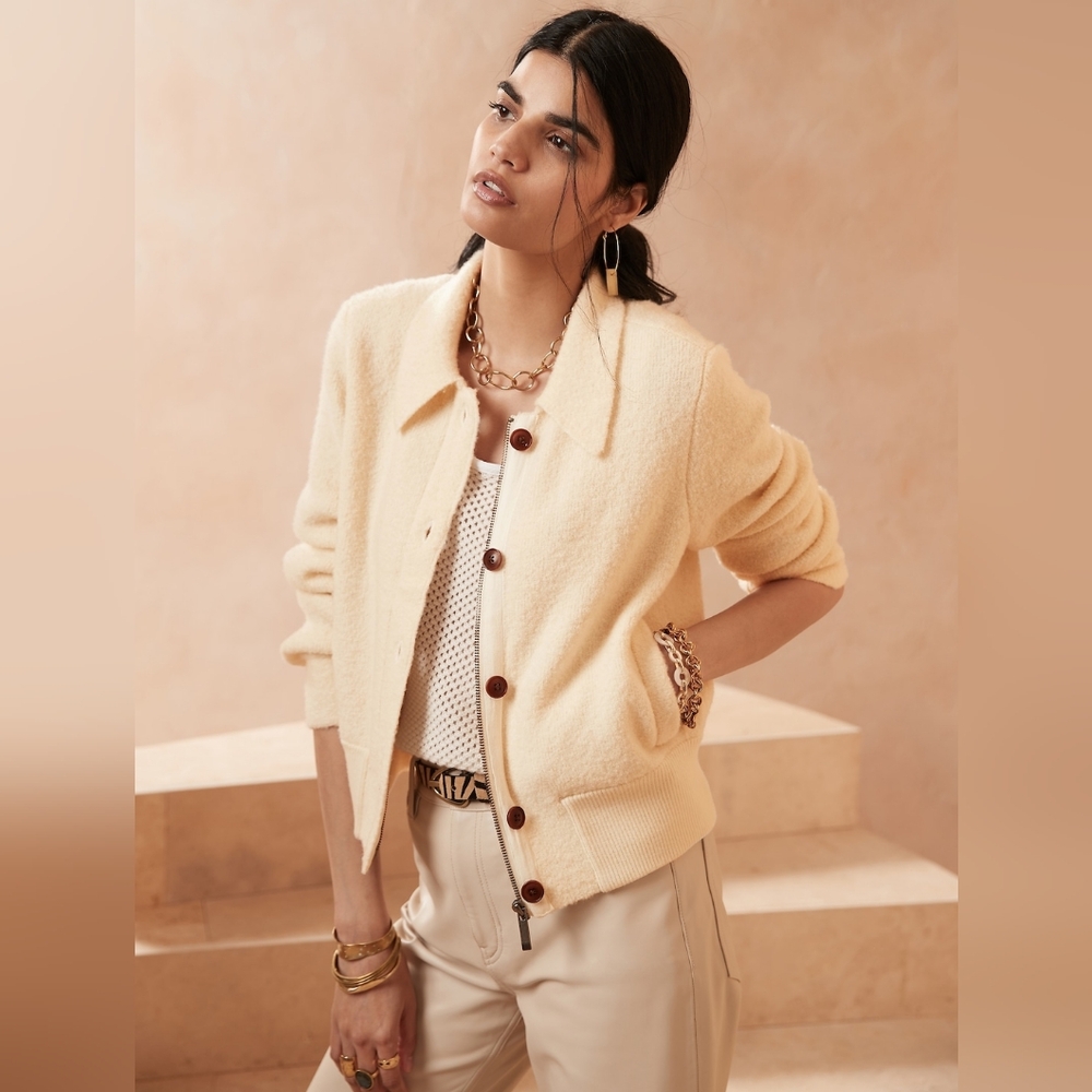 Banana Republic Heritage Sweater Bomber Jacket, Cream, Size XL